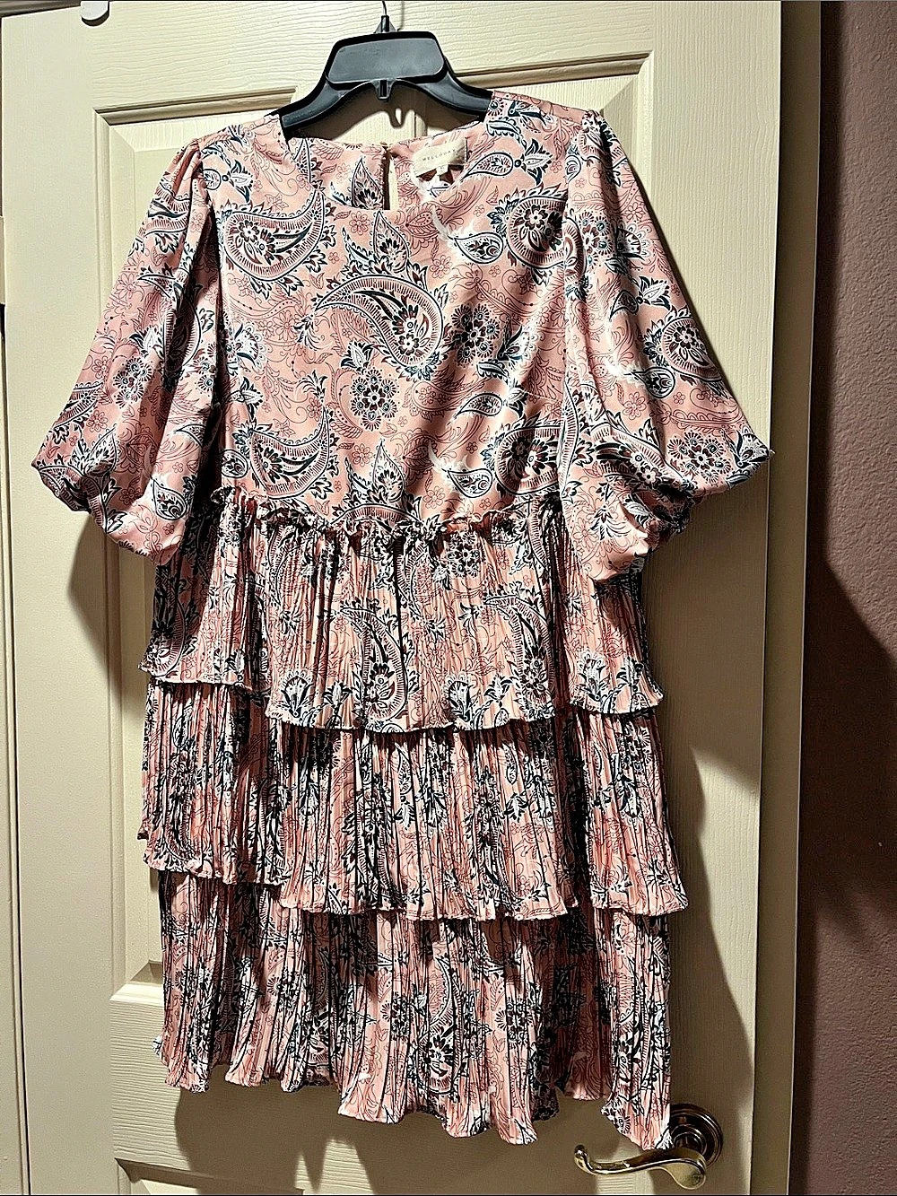 Melloday Paisley Pleated Tiered Chiffon Dress Mini Dress Pink & Blue XL